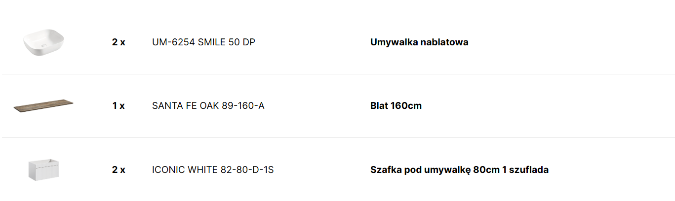 Zestaw meblowy 160cm z blatem i 2 umywalkami nablatowymi Smile SET_ICW-B_160_CM_6254
