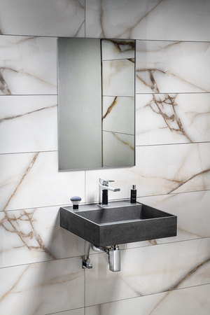 QUADRADO umywalka betonowa z korkiem, 46x46cm, czrany granit