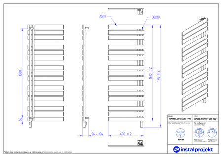 Instal Projekt Nameless Electro Grzejnik elektryczny  60x160 cm czarny/black swan NAME-60/160C75+GH-06C2