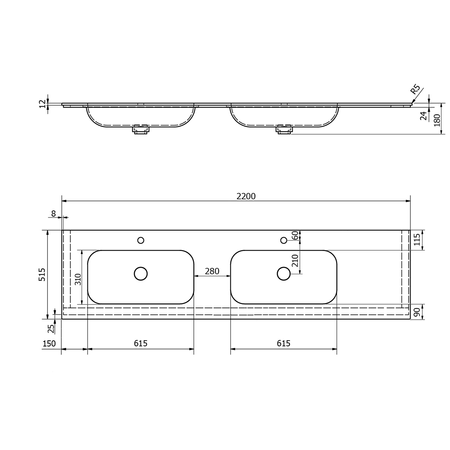 ARUBA umywalka podwójna lewa, 220x51,5 cm, Rockstone biały mat