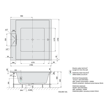 CAME FALLS wanna z hydromasażem, 175x175x50cm, Highline Hydro, chrom