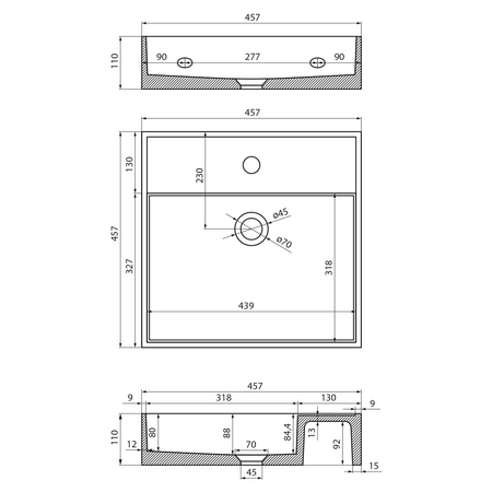 QUADRADO umywalka betonowa z korkiem, 46x46cm, biały piaskowiec