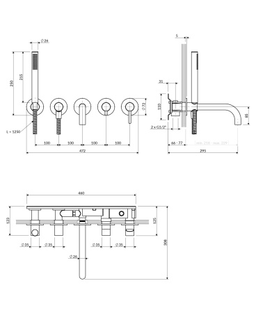 Y bateria wannowa 5-otworowa podtynkowa z długą wylewką, miedź połysk