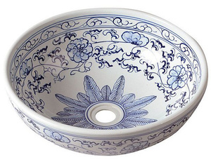 PRIORI umywalka ceramiczna nablatowa Ø 41 cm, biały z niebieskim wzorem
