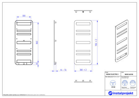 Instal Projekt Bionic Electro Grzejnik elektryczny  40x100 cm biały połysk/white silk BIOE3-40/100