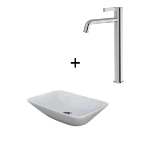 Zestaw VARIANT Umywalka nablat. prostokątna 55x36 cm BIAŁY POŁYSK + Bateria nablatowa wysoka ICONIC Chrom