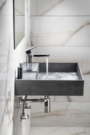 QUADRADO umywalka betonowa z korkiem, 46x46cm, czrany granit