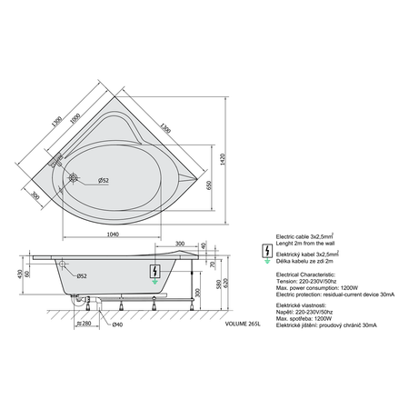 SIRIUS wanna z hydromasażem, 130x130x43cm, Active Hydro-Air, chrom