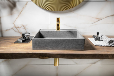 QUADRADO umywalka betonowa z korkiem, 46x46cm, czrany granit