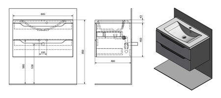 WAVE szafka umywalkowa 80x45x48cm, biała/dąb srebrny