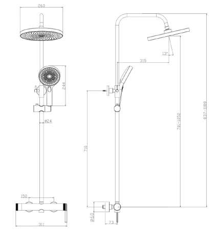 Deszczownica z baterią prysznicową dwufunkcyjną, chrom