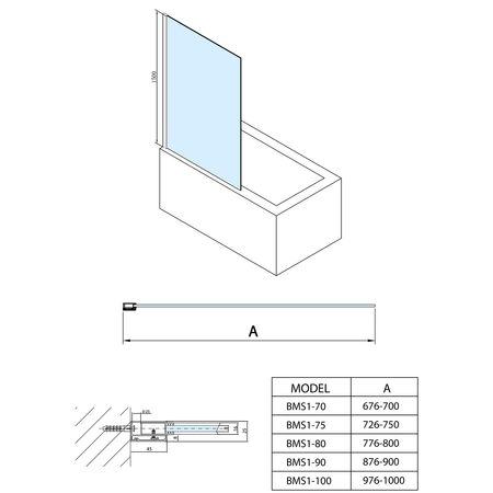 MODULAR SHOWER parawan wannowy 750x1500mm, szkło czyste