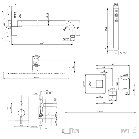 MINIMAL zestaw prysznicowy z baterią podtynkową, 2 wyjścia, stal nierdzewna mat