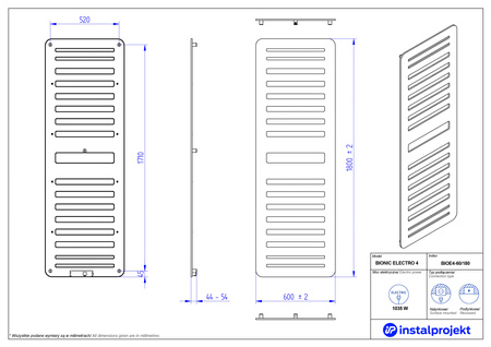 Instal Projekt Bionic Electro Grzejnik elektryczny  60x180 cm czarny mat/black mat BIOE4-60/180C31