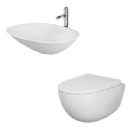 Zestaw DES Miska WC podwieszana z deską W/O i Umywalką Nablatową MORNING owalną 54x38 cm biały połysk