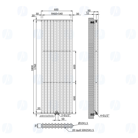 Grzejnik CZARNY NAVIN Ellipse Double 600х1800-10 (50mm), anticor