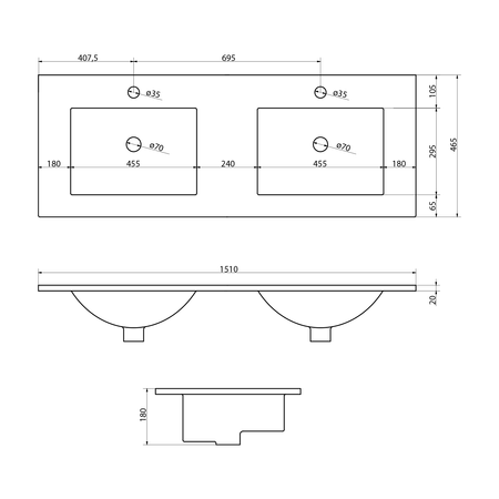 SLIM Podwójna umywalka meblowa, 150x46cm, biały