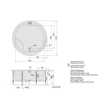 ROYAL ROUND wanna z hydromasażem, 172x172x49cm, Active Hydro-Air, chrom