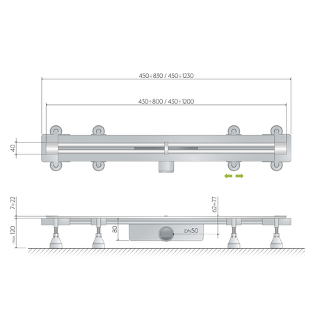 SUMISURA odpływ liniowy z rusztem ze stali nierdzewnej, L-450-1230, DN50