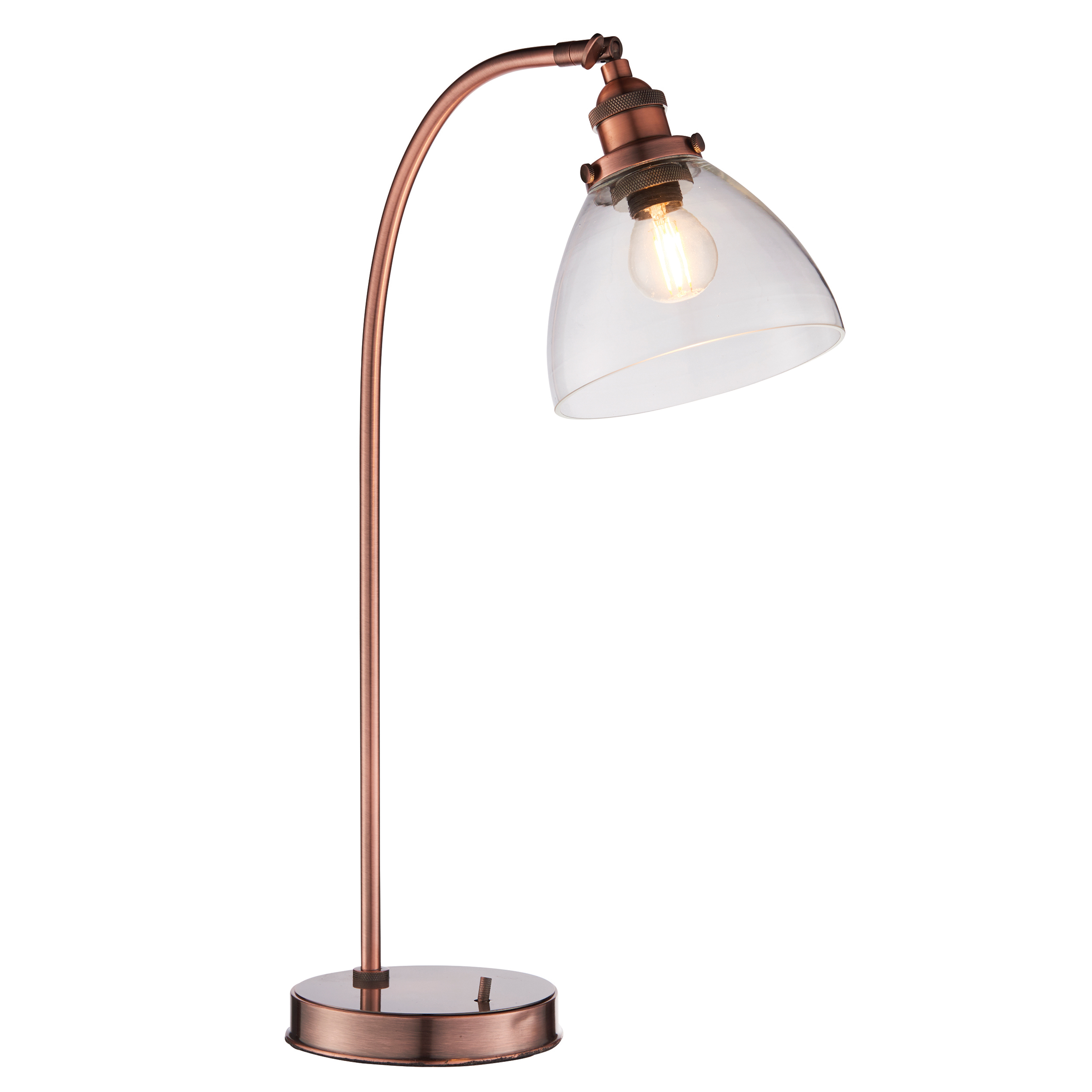 Lampa stołowa Hansen – postarzana miedź / szkło przezroczyste, 15 × 30 × 53,3 cm