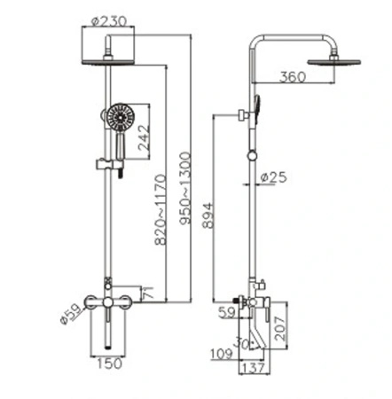Deszczownica z baterią prysznicowo wannową trzyfunkcyjną, chrom