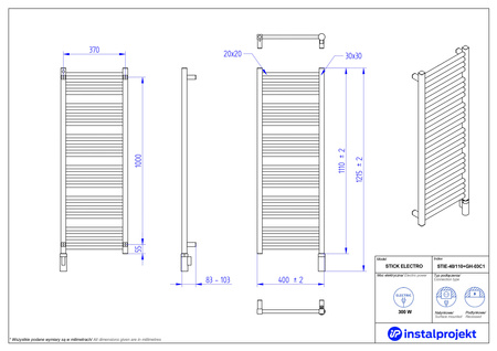 Instal Projekt Stick Electro Grzejnik elektryczny  40x110 cm biały połysk/white silk STIE-40/110+GH-03C1