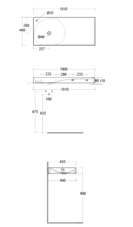 REMAL Umywalka podwieszana & nablatowa 101 x 46 cm R blat z prawej strony z otworem na baterię Biały połysk