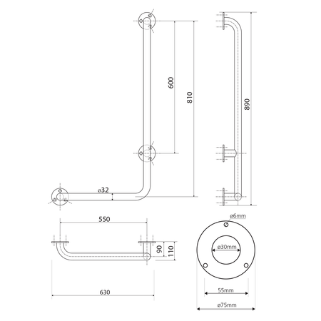 HANDICAP poręcz ścienna 810x550mm, stal nierdzewna polerowana