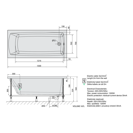 LILY wanna z hydromasażem, 150x70x39cm, Active Hydro-Air, chrom