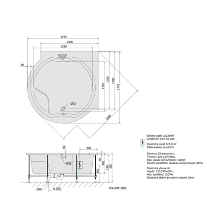 ROYAL CORNER wanna z hydromasażem, 173x173x49cm, Active Hydro-Air, chrom