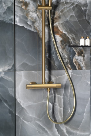 Zestaw prysznicowy z baterią termostatyczną, złoto mat