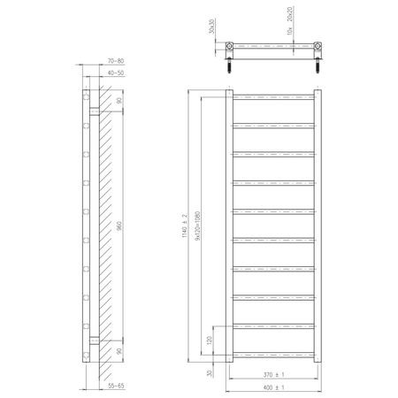 METRO LIGHT grzejnik łazienkowy 400x1140 mm, czarny mat