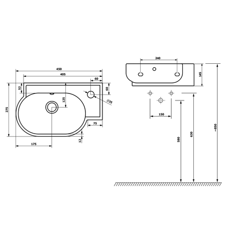 YUMO umywalka ceramiczna narożna 45x28cm, biały