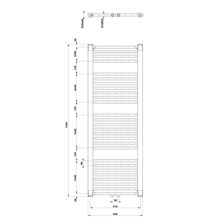 DIRECT grzejnik łazienkowy 450x1320 mm, podłączenie środkowe, biały