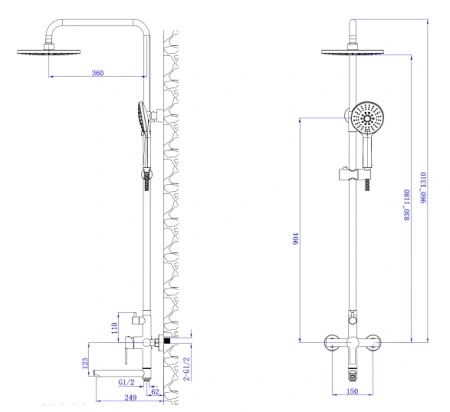 Deszczownica z baterią prysznicowo wannową trzyfunkcyjną, stal szczotkowana