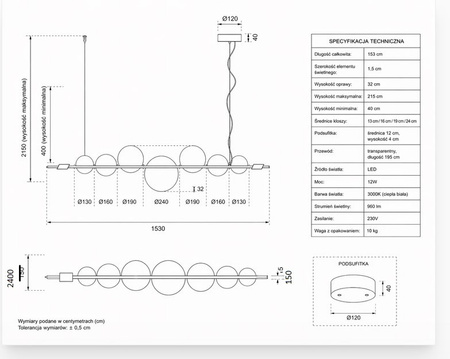 Lampa wisząca AMORE LED 153 cm - złota z transparentnymi kloszami
