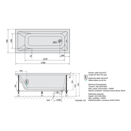 NOEMI wanna z hydromasażem, 170x70x39cm, Active Hydro-Air, chrom