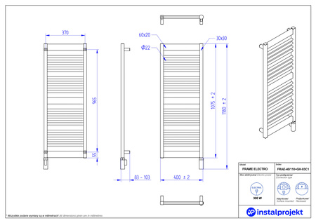 Instal Projekt Frame Electro Grzejnik elektryczny  40x110 cm biały mat/white mat FRAE-40/110C34+GH-03C1