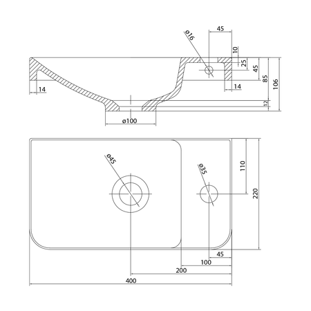 ZORBA umywalka kompozytowa 40x22cm, bateria po prawej stronie, biały