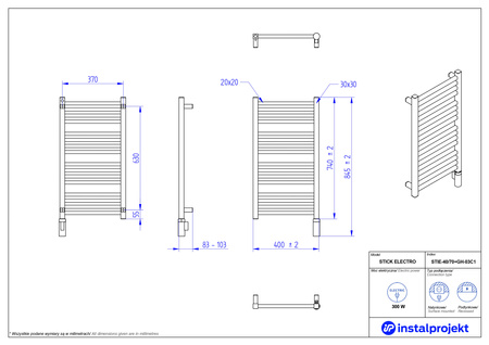 Instal Projekt Stick Electro Grzejnik elektryczny  40x70 cm czarny/black swan STIE-40/70C75+GH-03C2