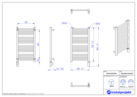 Instal Projekt Stick Electro Grzejnik elektryczny  40x70 cm czarny mat/black mat STIE-40/70C31+GH-03C2