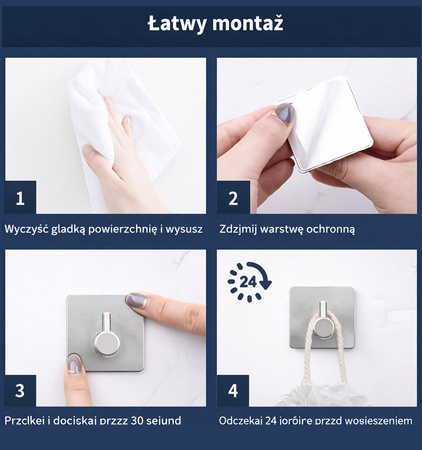 Uchwyt haczyk wieszak wodoodporny, samoprzylepny, stal nierdzewna, chrom
