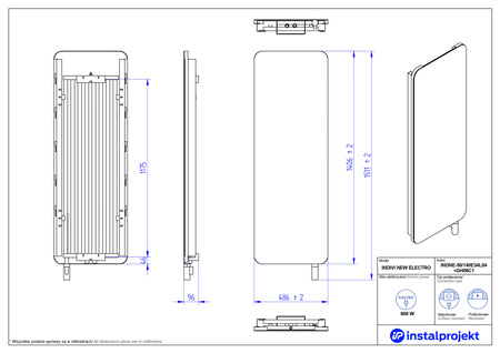 Instal Projekt Indivi New Electro Grzejnik elektryczny  50x140 cm czarny/black mat szyba czarna INDNE-50/140E31L05+GH-06C1