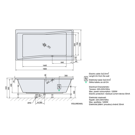 QUEST wanna z hydromasażem, 190x100x49cm, Active Hydro-Air, chrom
