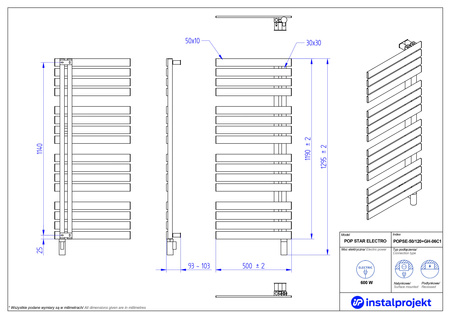 Instal Projekt Pop Star Electro Grzejnik elektryczny  50x120 cm antracyt/anthracite POPSE-50/120C16+GH-06C2