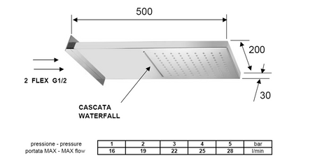 Deszczownia ścienna z kaskadą, 500x200mm, stal nierdzewna polerowana
