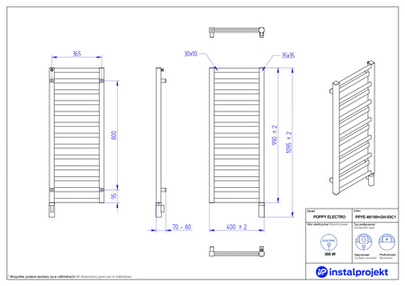 Instal Projekt Poppy Electro Grzejnik elektryczny  40x100 cm biały mat/white mat PPYE-40/100C34+GH-03C1