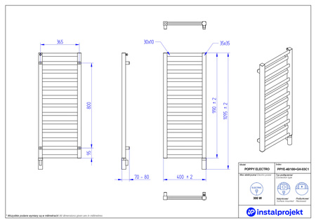 Instal Projekt Poppy Electro Grzejnik elektryczny  40x100 cm czarny/black swan PPYE-40/100C75+GH-03C2