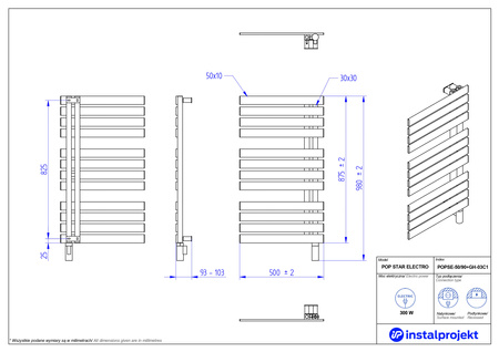 Instal Projekt Pop Star Electro Grzejnik elektryczny  50x90 cm czarny/black swan POPSE-50/90C75+GH-03C2