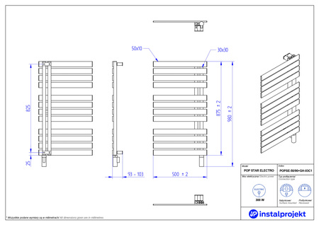 Instal Projekt Pop Star Electro Grzejnik elektryczny  50x90 cm czarny mat/black mat POPSE-50/90C31+GH-03C2